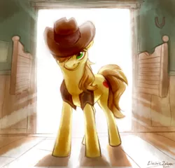 Size: 500x480 | Tagged: artist:electriczebra, backlighting, braeburn, derpibooru import, door, safe, western