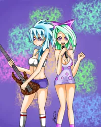 Size: 2549x3209 | Tagged: artist:manhunterj, bandeau, bow, cleavage, clothes, cloudchaser, derpibooru import, dress, duo, female, flitter, guitar, high res, humanized, microphone, midriff, safe, shorts