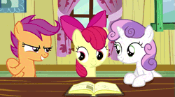 Size: 593x329 | Tagged: animated, apple bloom, clubhouse, crusaders clubhouse, cutie mark crusaders, derpibooru import, hearts and hooves day, hearts and hooves day (episode), safe, scootaloo, screencap, smiling, sweetie belle, trio