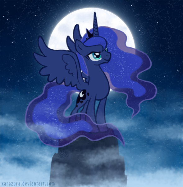 Size: 650x662 | Tagged: artist:xarazura, derpibooru import, moon, night, princess luna, safe, solo