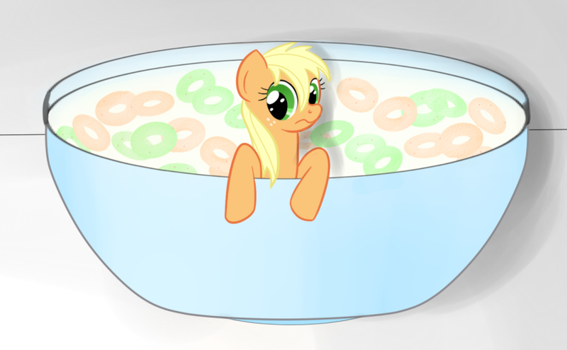 Size: 900x557 | Tagged: safe, artist:hip-indeed, derpibooru import, applejack, pony, apple jacks, cereal, implied vore, micro, ponies in food, pun