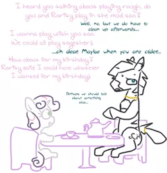 Size: 537x557 | Tagged: artist:the weaver, ask ice pack, cup, derpibooru import, dialogue, innocent, naivete of youth, oc, oc:ice pack, simple background, suggestive, sweat, sweetie belle, table, teacup, tea party, teapot, white background, zebra