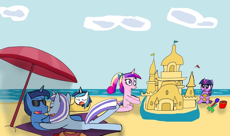 Size: 8352x4961 | Tagged: absurd resolution, anatomically incorrect, artist:helsaabi, beach, derpibooru import, filly, incorrect leg anatomy, night light, nightvelvet, princess cadance, safe, sandcastle, shining armor, twilight sparkle, twilight velvet