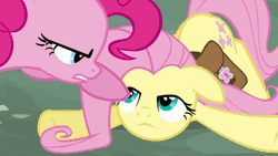 Size: 640x360 | Tagged: animated, cross-eyed, derpibooru import, face down ass up, floppy ears, fluttershy, flying, frown, glare, :o, pinkie pie, poking, pony tipping, putting your hoof down, revenge, safe, screencap, smirk, spread wings, the tables have turned, wide eyes