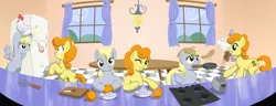 Size: 2600x1000 | Tagged: safe, artist:muffinshire, derpibooru import, carrot top, derpy hooves, golden harvest, chicken, pegasus, pony, breakfast, cooking, egg (food), female, food, frying pan, kitchen, mare, montage, pancakes, parody, toast, toaster