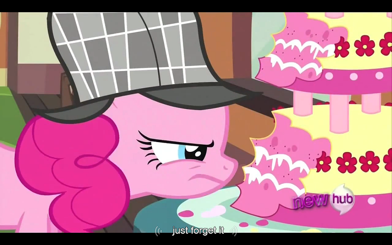 Size: 960x600 | Tagged: safe, derpibooru import, screencap, pinkie pie, earth pony, pony, mmmystery on the friendship express, cake, deerstalker, female, food, hat, mare, solo, youtube caption