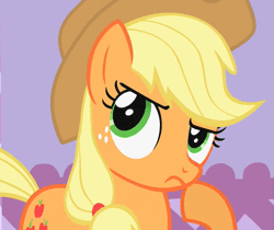 Size: 531x447 | Tagged: animated, applejack, cropped, cute, derpibooru import, hoof on chin, jackabetes, reaction image, safe, screencap, solo, suited for success, thinking