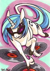 Size: 356x500 | Tagged: artist:alienfirst, classical unicorn, derpibooru import, leonine tail, record, records, safe, solo, vinyl scratch