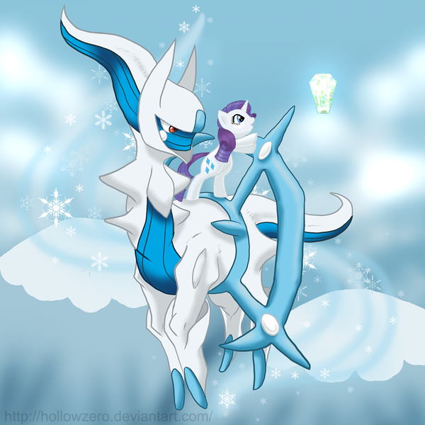 Size: 1100x1100 | Tagged: safe, artist:hollowzero, derpibooru import, rarity, arceus, pony, unicorn, crossover, duo, female, genderless, ice, legendary pokémon, mare, pokémon, snow, snowfall, snowflake