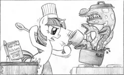 Size: 1244x750 | Tagged: safe, artist:videogamer-phil, derpibooru import, twilight sparkle, pony, unicorn, bipedal, book, cookbook, cooking, cooking pot, food monster, sketch, solo, spoon, this will end in tears and/or breakfast, unicorn twilight