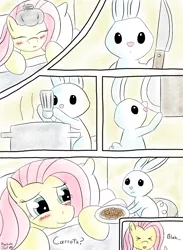 Size: 1408x1920 | Tagged: angel bunny, artist:macchiatojolt, caring for the sick, carrot, comic, cooking, derpibooru import, fluttershy, ice pack, knife, safe, sick