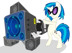 Size: 5733x4227 | Tagged: safe, artist:ninga-bob, derpibooru import, vinyl scratch, pony, unicorn, absurd resolution, bass cannon, bipedal, female, glasses, hooves, horn, mare, simple background, smiling, solo, sunglasses, teeth, transparent background, vector