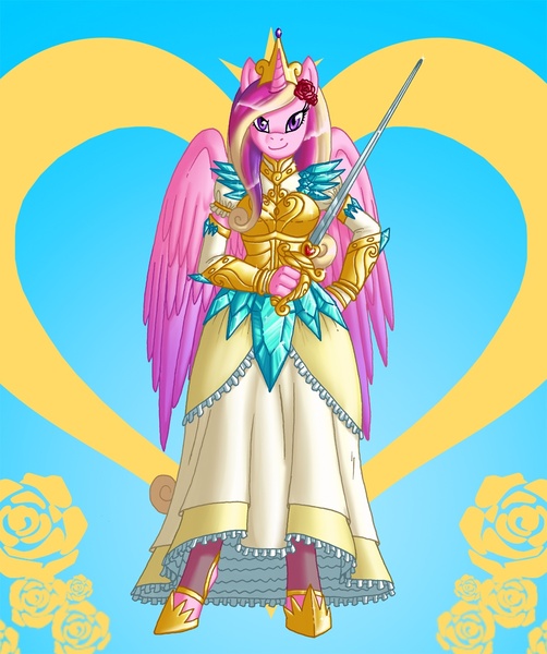 Size: 1071x1280 | Tagged: alicorn, anthro, armor, artist:crovirus, derpibooru import, princess cadance, safe, solo, sword, unguligrade anthro, weapon