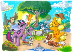 Size: 900x645 | Tagged: applejack, artist:andypriceart, comic book, derpibooru import, idw, idw advertisement, princess celestia, safe, spike, the hoof beats, twilight sparkle, vinyl scratch, winona