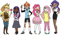 Size: 1137x663 | Tagged: applejack, artist:hospitalvespers, clothes, derpibooru import, fluttershy, humanized, mane six, pinkie pie, rainbow dash, rarity, safe, skirt, sweater, sweatershy, twilight sparkle