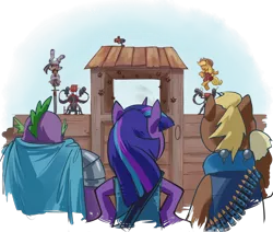 Size: 1024x868 | Tagged: safe, artist:stupjam, derpibooru import, applejack, big macintosh, spike, twilight sparkle, zecora, earth pony, pony, zebra, beefspike, crossover, democora, eyelander, male, parody, sentry, stallion, sword, team fortress 2