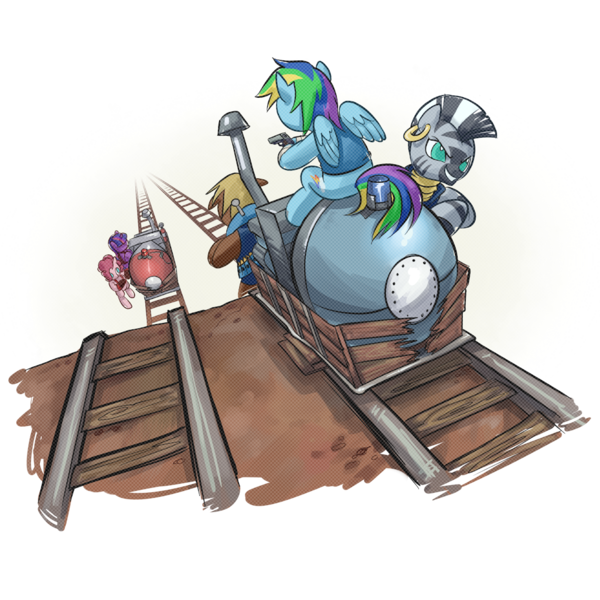 Size: 1024x1024 | Tagged: safe, artist:stupjam, derpibooru import, big macintosh, pinkie pie, rainbow dash, twilight sparkle, zecora, earth pony, pegasus, pony, unicorn, zebra, bipedal, crossover, female, male, mare, parody, payload race, stallion, team fortress 2