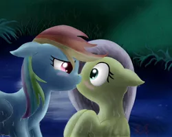 Size: 1000x800 | Tagged: safe, artist:miokomata, derpibooru import, fluttershy, rainbow dash, female, flutterdash, kissing, lesbian, shipping, surprise kiss, surprised