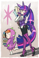 Size: 573x850 | Tagged: artist:gashi-gashi, book, clothes, derpibooru import, eared humanization, glasses, high heels, horned humanization, humanized, natural hair color, pantyhose, safe, skirt, spike, tailed humanization, twilight sparkle