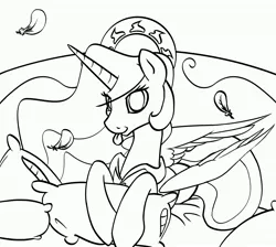 Size: 3494x3126 | Tagged: safe, artist:jackjacko-eponymous, artist:nasse, derpibooru import, princess celestia, :p, color me, cute, cutelestia, feather, high res, lineart, looking at you, monochrome, pillow, prone, sketch, smiling, solo, tongue out