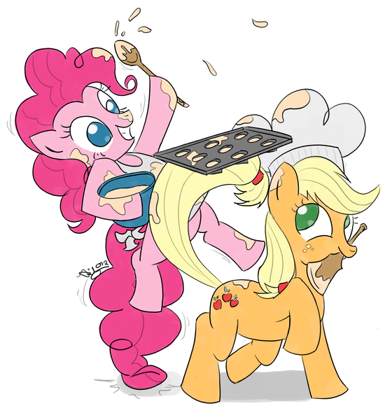 Size: 1240x1328 | Tagged: safe, artist:arudon, derpibooru import, applejack, pinkie pie, earth pony, pony, baked bads, baked goods, baking, batter, chef's hat, cooking, cupcake, food, hat, messy, muffin tray, prehensile tail