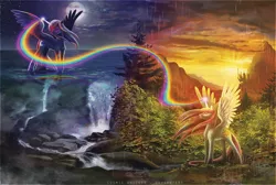 Size: 1200x805 | Tagged: artist:cosmicunicorn, canterlot, contrast, derpibooru import, forest, magic, moon, princess celestia, princess luna, rain, rainbow, safe, scenery, sun, wallpaper, waterfall