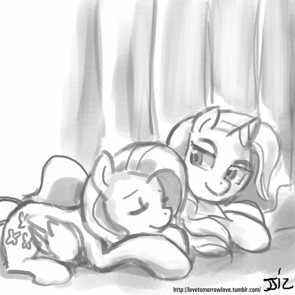 Size: 805x805 | Tagged: artist:johnjoseco, derpibooru import, female, fluttershy, grayscale, lesbian, monochrome, safe, shipping, trixie, trixieshy