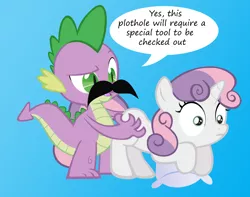 Size: 948x746 | Tagged: suggestive, artist:crisr82, derpibooru import, spike, sweetie belle, butt touch, female, foalcon, hand on butt, imminent rape, interspecies, male, moustache, shipping, spikebelle, straight