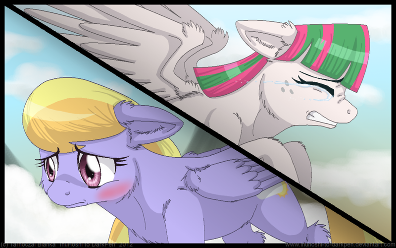 Size: 900x563 | Tagged: safe, artist:inuhoshi-to-darkpen, derpibooru import, blossomforth, cloud kicker, pegasus, pony, fanfic, fanfic:the life and times of a winning pony, winningverse, blushing, crying, fanfic art, sad, split screen