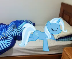 Size: 1953x1598 | Tagged: dead source, safe, artist:eruvon, derpibooru import, trixie, pony, bed, irl, photo, ponies in real life, sleeping, solo, vector