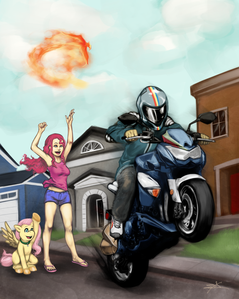 Size: 1600x2000 | Tagged: safe, artist:scorpiordinance, derpibooru import, fluttershy, pinkie pie, rainbow dash, phoenix, futaverse, commission, female, futa fluttershy, humanized, lesbian, motorcycle, pinkiedash, shipping