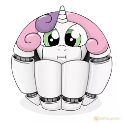 Size: 1200x1200 | Tagged: safe, artist:muffinexplosion, derpibooru import, sweetie belle, pony, robot, robot pony, unicorn, female, filly, foal, hooves, horn, looking at you, morph ball, simple background, solo, sphere, sweetie ball, sweetie bot, white background