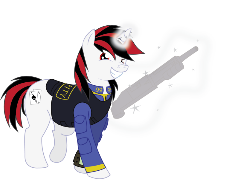 Size: 1563x1178 | Tagged: safe, artist:shamonme, derpibooru import, oc, oc:blackjack, unofficial characters only, pony, unicorn, fallout equestria, fallout equestria: project horizons, fanfic, clothes, cutie mark, fanfic art, female, glowing horn, grin, gun, hooves, horn, levitation, magic, mare, pipbuck, security armor, shotgun, simple background, smiling, solo, teeth, telekinesis, transparent background, vault suit, weapon