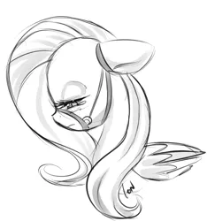 Size: 900x962 | Tagged: safe, artist:newvagabond, derpibooru import, fluttershy, pegasus, pony, bridle, bust, crying, female, floppy ears, grayscale, looking down, mare, monochrome, profile, sad, signature, simple background, solo, white background