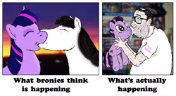 Size: 1000x549 | Tagged: suggestive, derpibooru import, twilight sparkle, horse, human, pony, background pony strikes again, brony, brony stereotype, hater, kissing, meme, meta, neckbeard, perverse sexual lust, plushie, stereotype, troll, trollbait, trolling