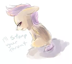 Size: 889x800 | Tagged: angry, artist:ferrettea, derpibooru import, grimdark, looking back, scootaloo, sitting, solo, text