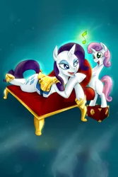 Size: 900x1350 | Tagged: safe, artist:tzelly-el, derpibooru import, rarity, sweetie belle, pony, unicorn, bipedal, bipedal leaning, box, clothes, fainting couch, female, filly, gold, leaning, music notes, reflection, saddle, shoes, singing