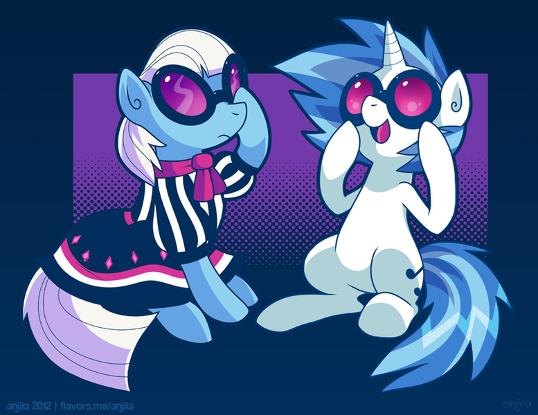 Size: 800x618 | Tagged: safe, artist:anjila, derpibooru import, photo finish, vinyl scratch, earth pony, pony, unicorn, accessory swap, cute, duo, female, mare, open mouth, sitting