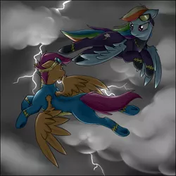 Size: 1004x1004 | Tagged: adult, artist:nessia, clothes, derpibooru import, goggles, lightning, rainbow dash, role reversal, safe, scootaloo, scootaloo can fly, shadowbolts, shadowbolts costume, wonderbolt scootaloo, wonderbolts uniform