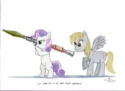 Size: 900x655 | Tagged: safe, artist:buckweiser, derpibooru import, derpy hooves, sweetie belle, pegasus, pony, female, gun, imminent death, mare, rocket launcher, rpg, rpg-7, this will end in death, this will end in pain, this will end in tears, this will end in tears and/or death, xk-class end-of-the-world scenario