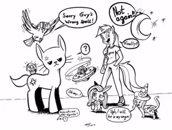 Size: 1000x752 | Tagged: angel bunny, anthro, applejack, artist:tobibrocki, cat, derpibooru import, derpy hooves, fluttershy, hilarious in hindsight, lyra heartstrings, monochrome, moon, muffin, owl, princess luna, rabbit, safe, snails, snips, species swap, trixie, twilight sparkle, twilight sparkowl, wat