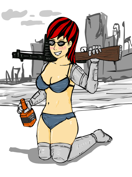 Size: 750x1000 | Tagged: alcohol, artist:glue123, belly button, bikini, breasts, clothes, crossover, cyborg, derpibooru import, fallout equestria, fallout equestria: project horizons, female, gun, humanized, oc, oc:blackjack, queen whiskey, shotgun, solo, solo female, suggestive, swimsuit, unofficial characters only, weapon, whiskey