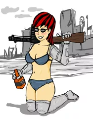 Size: 750x1000 | Tagged: alcohol, artist:glue123, belly button, bikini, breasts, clothes, crossover, cyborg, derpibooru import, fallout equestria, fallout equestria: project horizons, female, gun, humanized, oc, oc:blackjack, queen whiskey, shotgun, solo, solo female, suggestive, swimsuit, unofficial characters only, weapon, whiskey