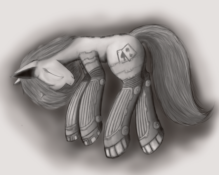 Size: 2500x2000 | Tagged: safe, artist:pantzar, derpibooru import, oc, oc:blackjack, unofficial characters only, cyborg, pony, unicorn, fallout equestria, fallout equestria: project horizons, fanfic, black and white, eyes closed, fanfic art, female, grayscale, high res, hooves, horn, level 2 (project horizons), mare, monochrome, solo