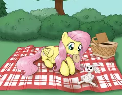 Size: 1200x943 | Tagged: angel bunny, artist:lunarapologist, bagel, derpibooru import, fluttershy, picnic, safe