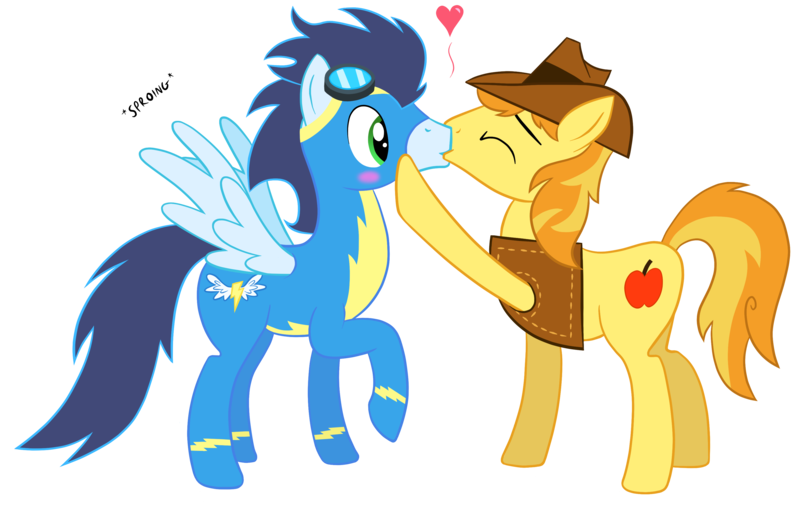 Size: 3390x2152 | Tagged: safe, artist:catiron, derpibooru import, braeburn, soarin', earth pony, pegasus, pony, gay, high res, kissing, male, shipping, soarburn, sproing, stallion, wingboner