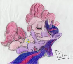 Size: 2795x2446 | Tagged: safe, artist:deihiru, derpibooru import, pinkie pie, twilight sparkle, blushing, female, high res, kissing, lesbian, shipping, traditional art, twinkie