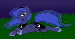 Size: 1024x538 | Tagged: artist:omnifob, derpibooru import, grass, princess luna, prone, safe, solo