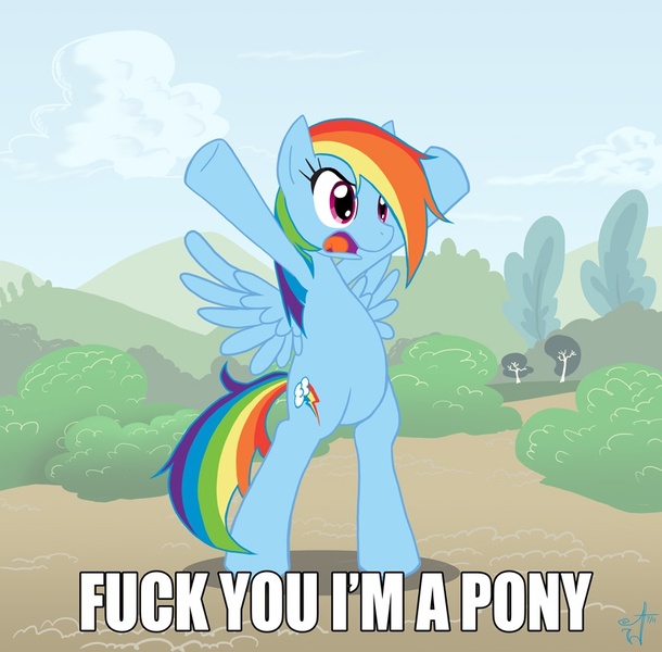 Size: 825x812 | Tagged: safe, artist:melancholy, derpibooru import, ponibooru import, rainbow dash, anteater, pegasus, pony, angry, artifact, bipedal, bush, captain obvious, female, fuck you, mare, scenery, shaped like itself, signature, solo, swearing, upset, vulgar