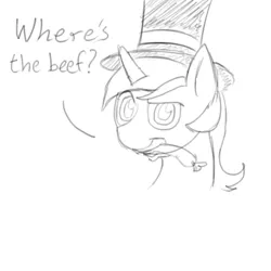 Size: 800x800 | Tagged: artist:omnifob, derpibooru import, get, hat, index get, lyra heartstrings, monochrome, safe, sausage, solo, top hat